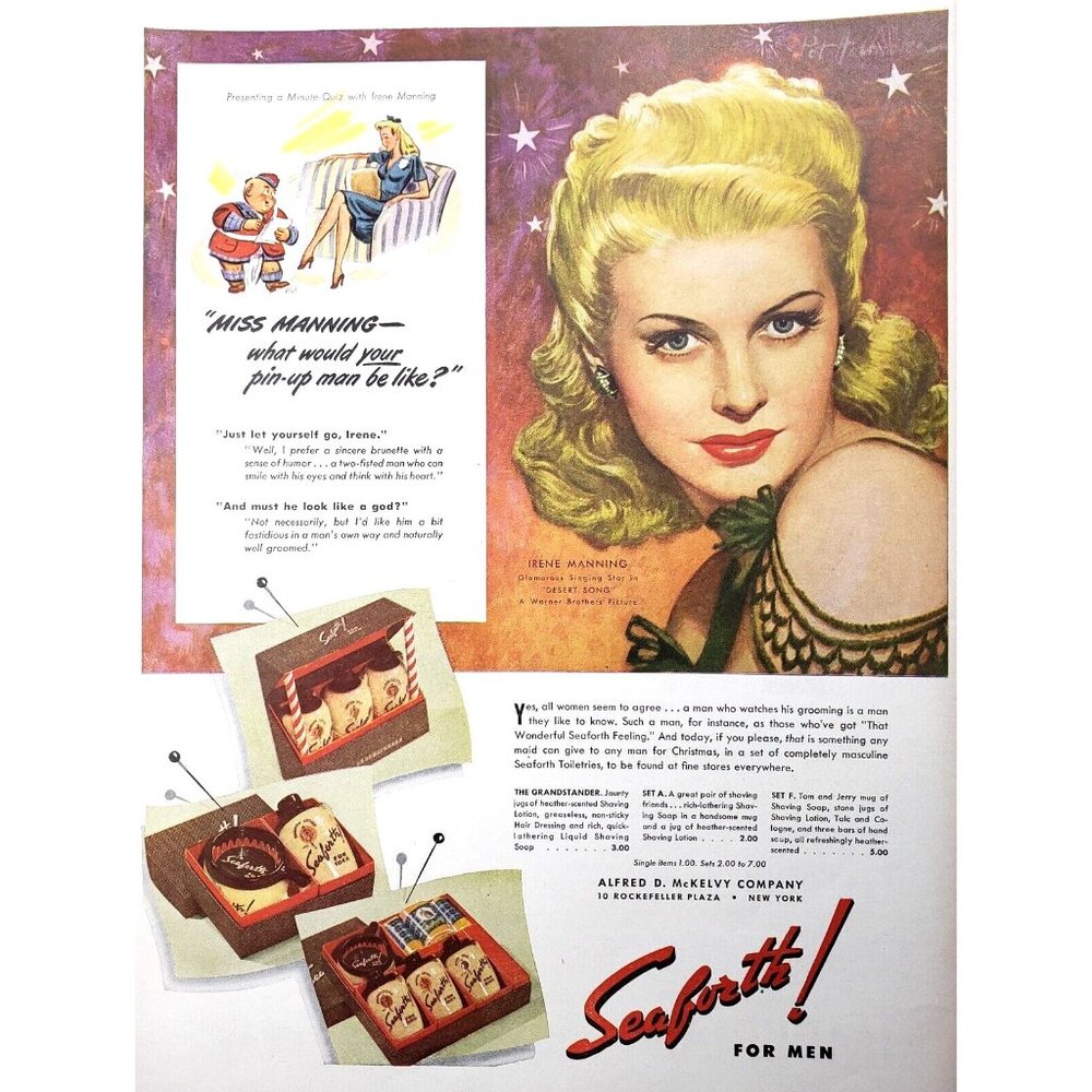 PRINT AD 1943 Seaforth for Men Toiletries Irene Manning Desert Song 10.5x13